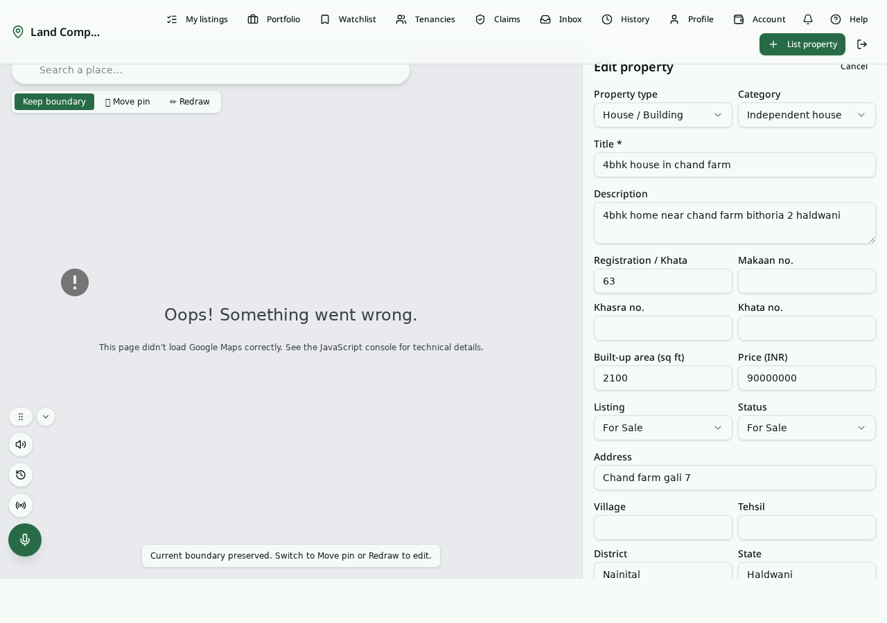 Edit parcel page showing details, geometry edit toggle, photos and documents