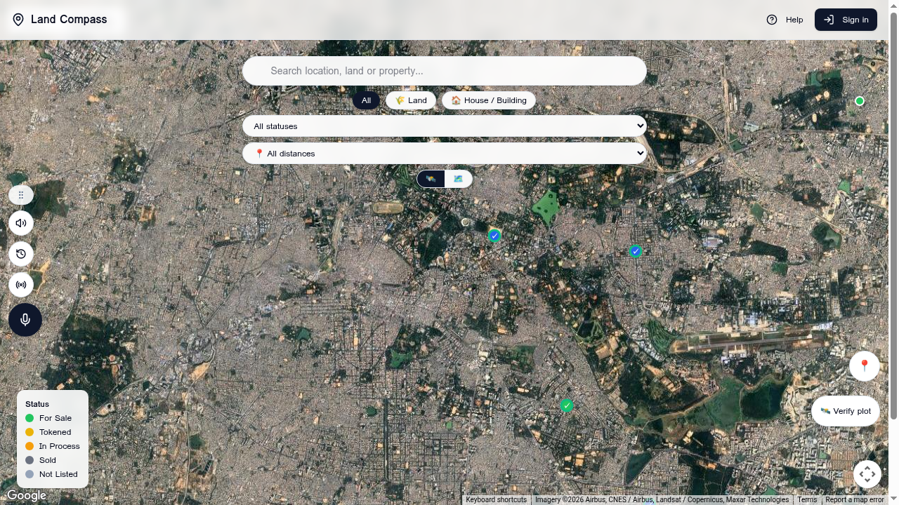 Land Compass home map with filters, status legend and Verify plot button